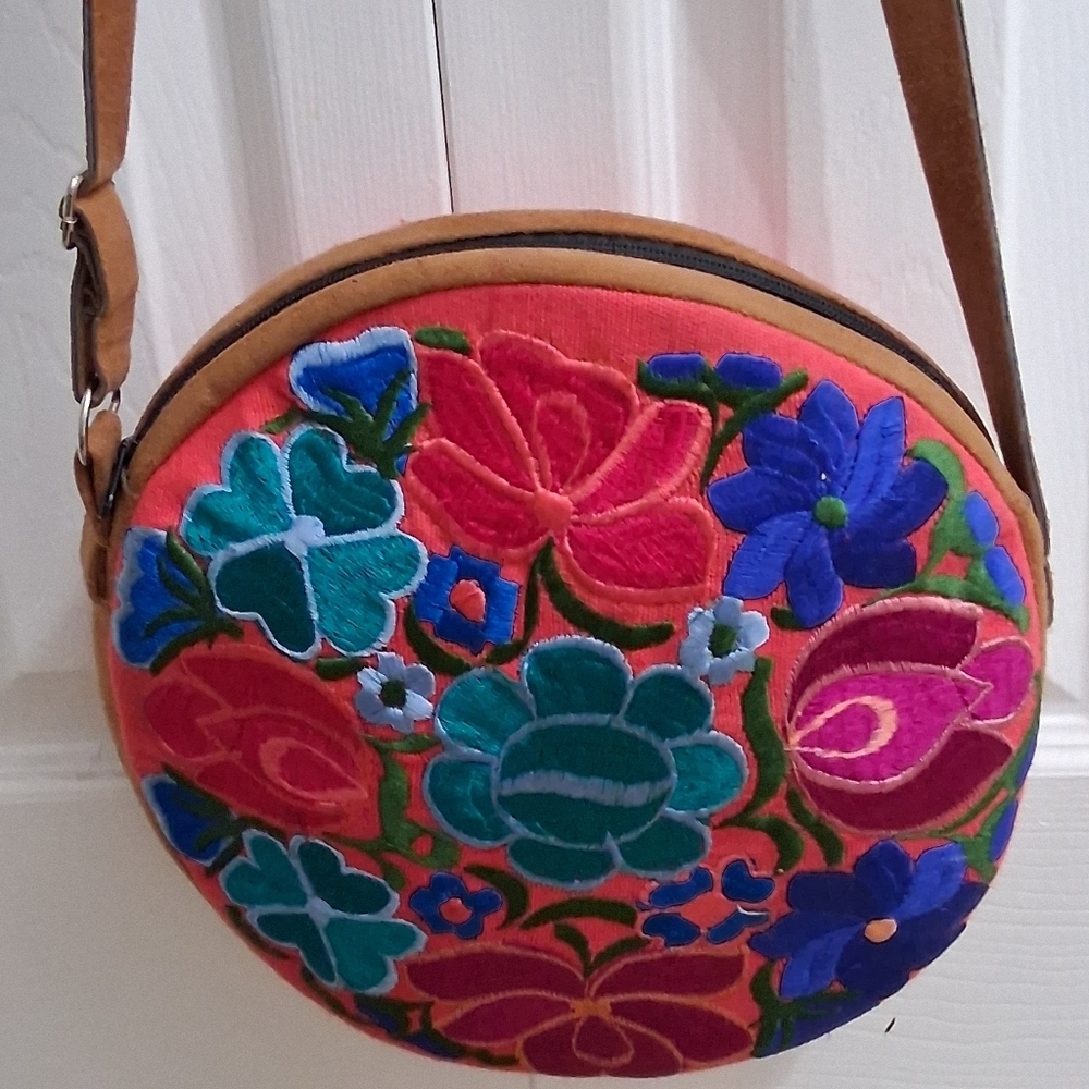 Floral Embroidered Round Crossbody Messenger Bag